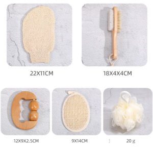 Body gift set with natural bath sponge, exfoliating bath gloves, pumice stone, and wooden brush displayed in a wooden bowl.