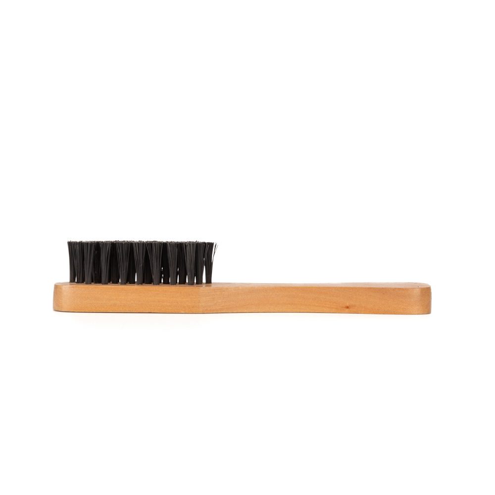 Two compact wooden bristle shoe brush tools with black PP bristles, a shoe cleaning brush for quick dirt removal.