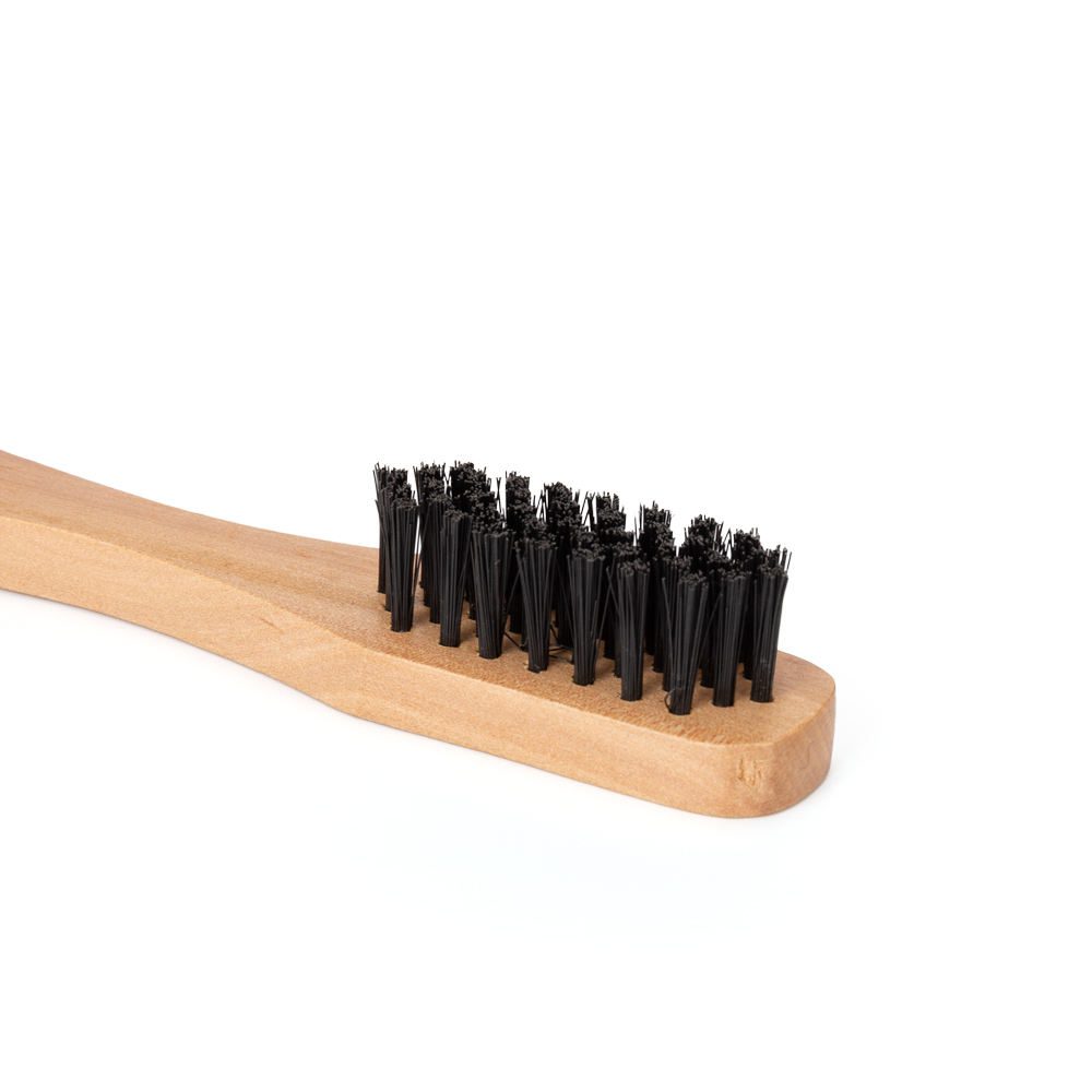 Two compact wooden bristle shoe brush tools with black PP bristles, a shoe cleaning brush for quick dirt removal.