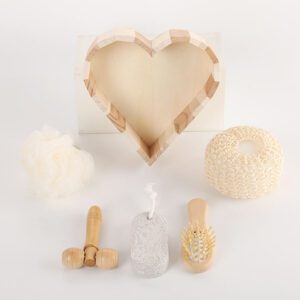 Christmas bath gift sets featuring towel exfoliating tools, loofah brush, scouring sponge pad, and wooden massage accessories.