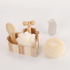 Christmas bath gift sets featuring towel exfoliating tools, loofah brush, scouring sponge pad, and wooden massage accessories.