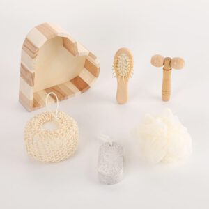 Christmas bath gift sets featuring towel exfoliating tools, loofah brush, scouring sponge pad, and wooden massage accessories.