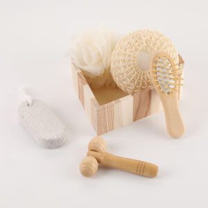 Christmas bath gift sets featuring towel exfoliating tools, loofah brush, scouring sponge pad, and wooden massage accessories.