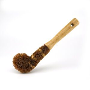 Bamboo-handled dish brush with three round coconut fiber scrub heads and a hanging hole, shown on a white background.