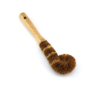 Bamboo-handled dish brush with three round coconut fiber scrub heads and a hanging hole, shown on a white background.