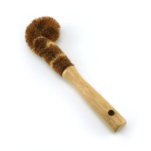 Bamboo-handled dish brush with three round coconut fiber scrub heads and a hanging hole, shown on a white background.