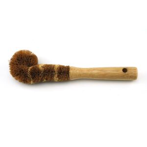 Bamboo-handled dish brush with three round coconut fiber scrub heads and a hanging hole, shown on a white background.