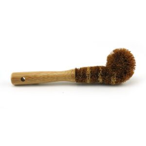 Bamboo-handled dish brush with three round coconut fiber scrub heads and a hanging hole, shown on a white background.