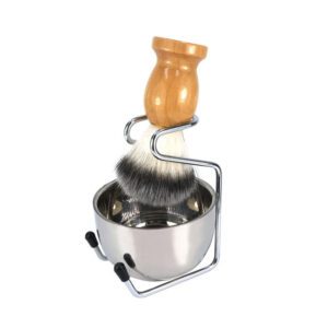 JEYGO shaving kit featuring a wooden handle beard shaving brush with stainless steel bowl, designed for classic wet shaving routines.