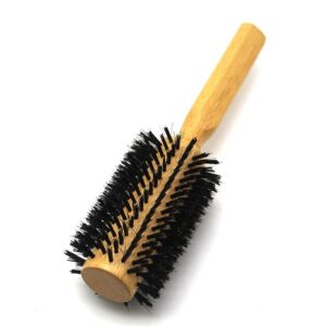 Wooden curl brush with oval barrel, boar + nylon bristles, used as a curling hair brush and round hair brush for styling.