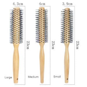 Set of wooden round curling brush tools with nylon pins and cushioned tips, shown as a curling round brush trio.