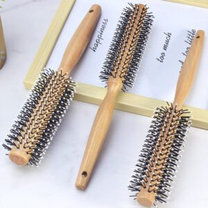 Set of wooden round curling brush tools with nylon pins and cushioned tips, shown as a curling round brush trio.