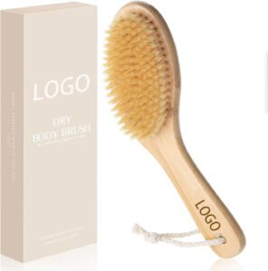 A premium boar bristle bath brush with bamboo handle, designed for exfoliating and improving skin health.