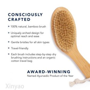 A premium boar bristle bath brush with bamboo handle, designed for exfoliating and improving skin health.
