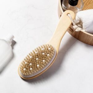A bamboo brush with boar bristles and rubber tips, designed for exfoliating and massaging the body.