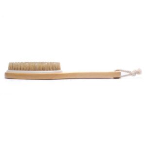 A bamboo brush with boar bristles and rubber tips, designed for exfoliating and massaging the body.