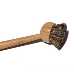 Long-handle bamboo dish scrub brush with a round head and mixed natural sisal and palm fiber bristles, shown on a white background.