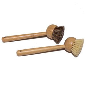 Long-handle bamboo dish scrub brush with a round head and mixed natural sisal and palm fiber bristles, shown on a white background.