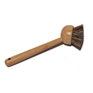 Long-handle bamboo dish scrub brush with a round head and mixed natural sisal and palm fiber bristles, shown on a white background.