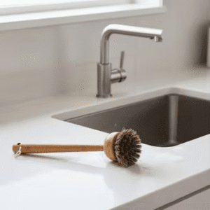 Long-handle bamboo dish scrub brush with a round head and mixed natural sisal and palm fiber bristles, shown on a white background.