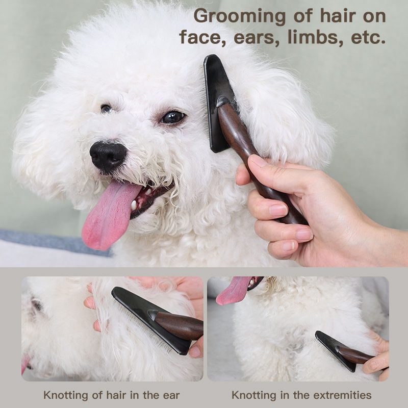 Ebony wood detangler comb for dogs with stainless steel pins, designed for gentle pet grooming and hair care.