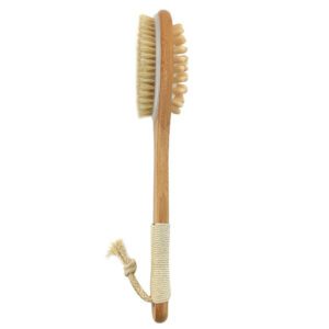 A bath brush with a bamboo handle and natural pig bristles, designed for dry brushing and exfoliating the body.