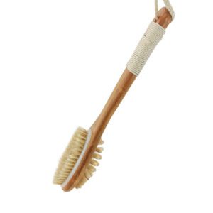 A bath brush with a bamboo handle and natural pig bristles, designed for dry brushing and exfoliating the body.