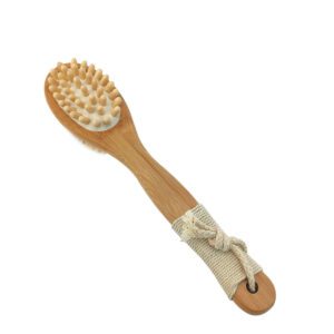 A bath brush with a bamboo handle and natural pig bristles, designed for dry brushing and exfoliating the body.
