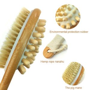 A bath brush with a bamboo handle and natural pig bristles, designed for dry brushing and exfoliating the body.