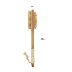 A bath brush with a bamboo handle and natural pig bristles, designed for dry brushing and exfoliating the body.