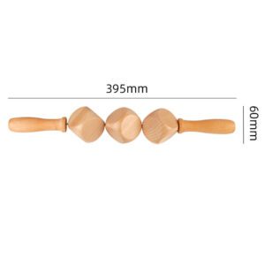 Wooden body massage tool with rotating geometric rollers, designed for gua sha body massage and muscle relaxation.