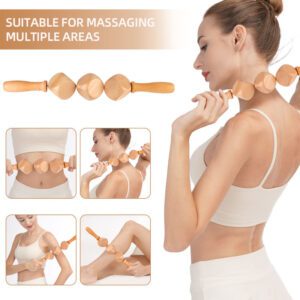 Wooden body massage tool with rotating geometric rollers, designed for gua sha body massage and muscle relaxation.