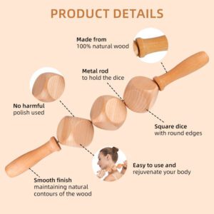 Wooden body massage tool with rotating geometric rollers, designed for gua sha body massage and muscle relaxation.