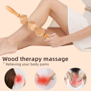 Wooden body massage tool with rotating geometric rollers, designed for gua sha body massage and muscle relaxation.