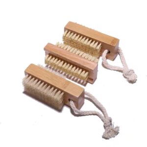 Bamboo nail scrub brush with natural boar bristles for cleaning nails, featuring ergonomic handle design.