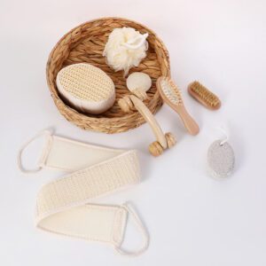 Christmas bath and body gift set with pink towel bear, fleece headband, small comb, and a festive gift box.