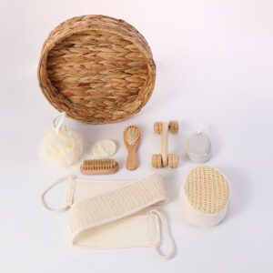 Christmas bath and body gift set with pink towel bear, fleece headband, small comb, and a festive gift box.