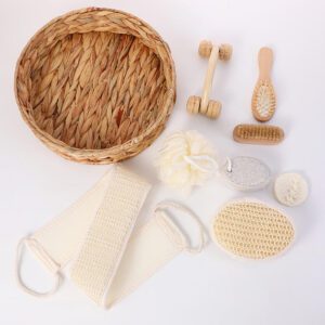 Christmas bath and body gift set with pink towel bear, fleece headband, small comb, and a festive gift box.