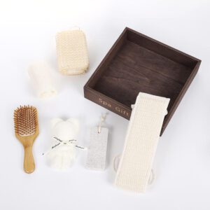 Body care gift set arranged in a wooden box with shower accessories, loofah, brush, sponge, towel, and pumice stone.