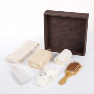 Body care gift set arranged in a wooden box with shower accessories, loofah, brush, sponge, towel, and pumice stone.