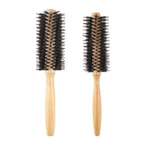 Two wooden curl brush sizes with boar + nylon bristles, used as a hair dryer brush roller and round hair brush.
