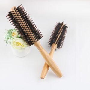 Two wooden curl brush sizes with boar + nylon bristles, used as a hair dryer brush roller and round hair brush.