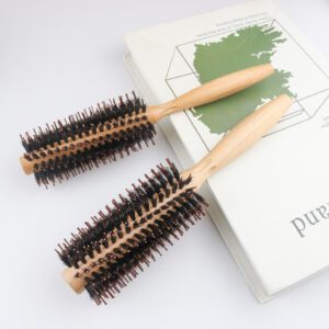 Two wooden curl brush sizes with boar + nylon bristles, used as a hair dryer brush roller and round hair brush.