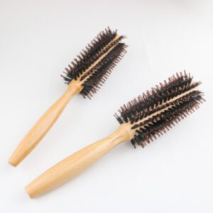 Two wooden curl brush sizes with boar + nylon bristles, used as a hair dryer brush roller and round hair brush.