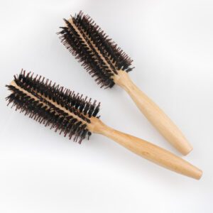 Two wooden curl brush sizes with boar + nylon bristles, used as a hair dryer brush roller and round hair brush.