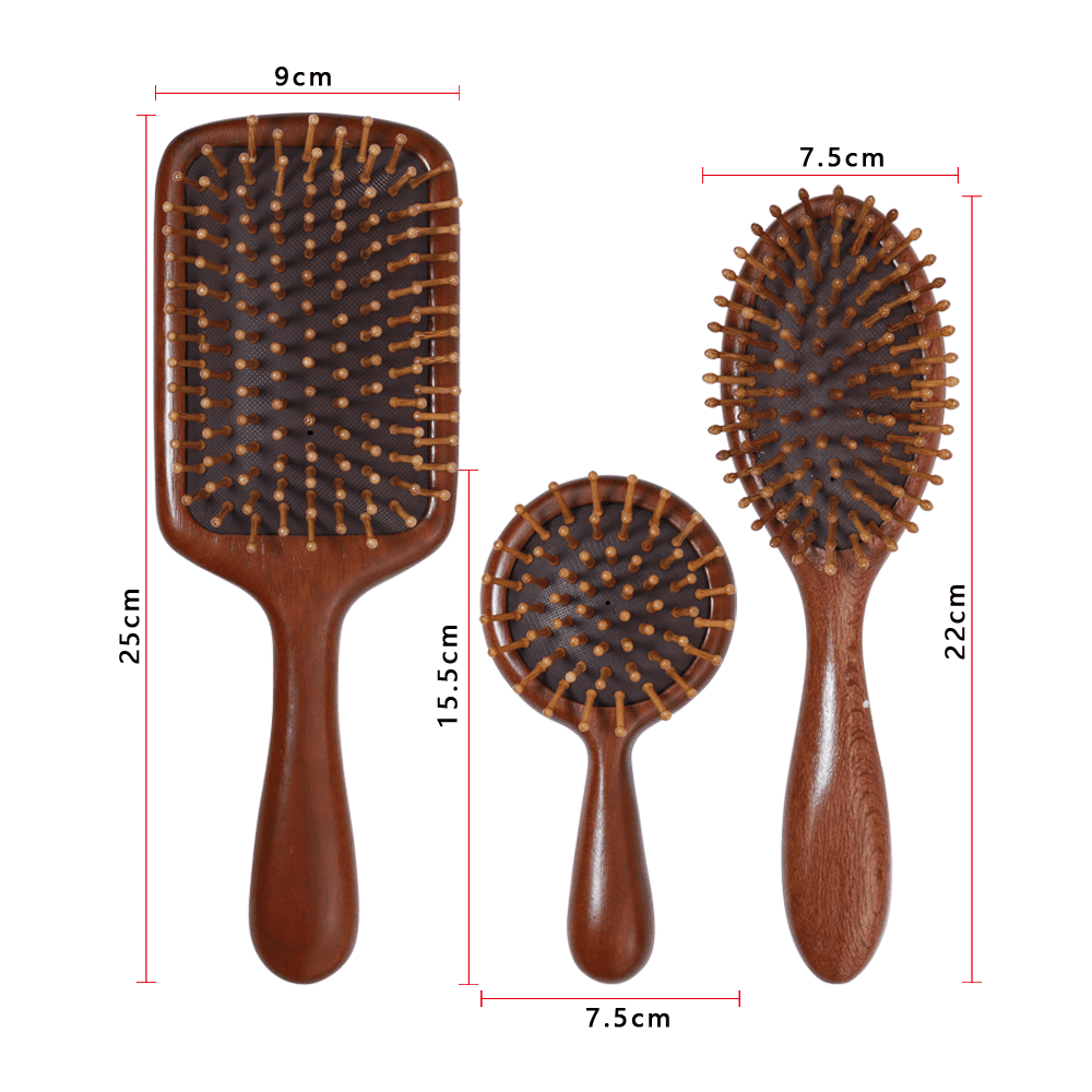Sandalwood wooden massage comb with air cushion base, designed for head and scalp massage during daily hair care.