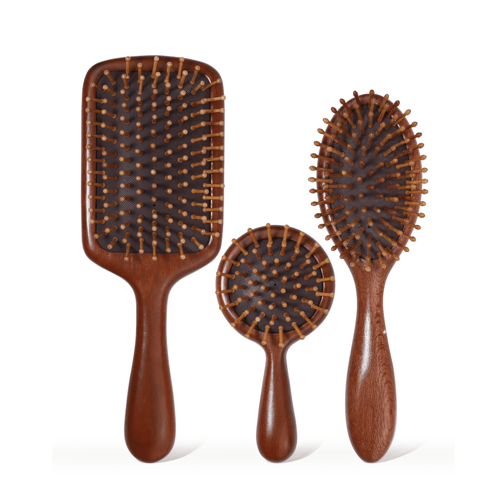 Sandalwood wooden massage comb with air cushion base, designed for head and scalp massage during daily hair care.