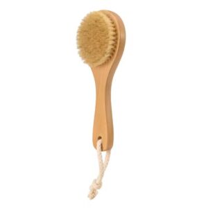 A wooden shower back brush with natural boar bristles, designed for dry brushing before or after your shower.