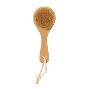 A wooden shower back brush with natural boar bristles, designed for dry brushing before or after your shower.