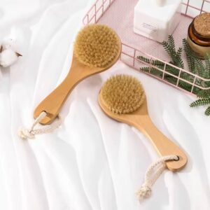 A wooden shower back brush with natural boar bristles, designed for dry brushing before or after your shower.